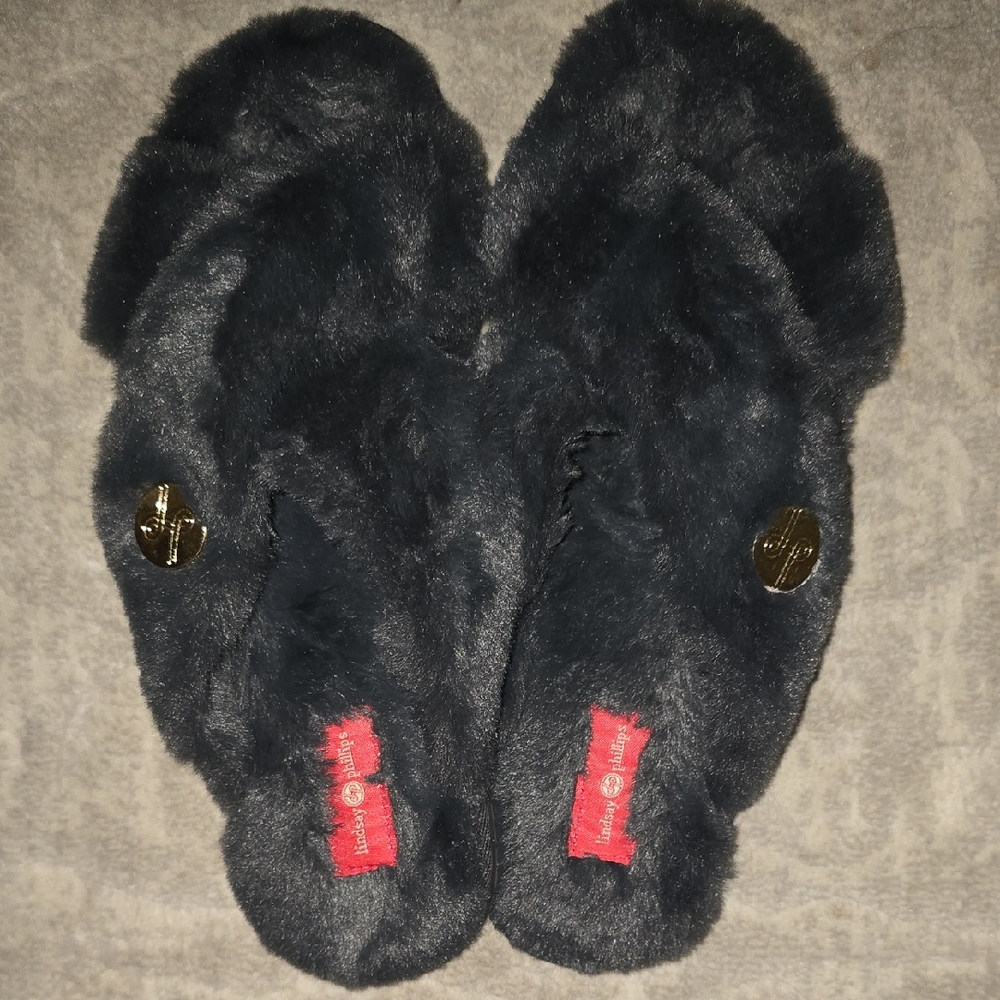 Lindsay Phillips Black Fuzzy Slippers